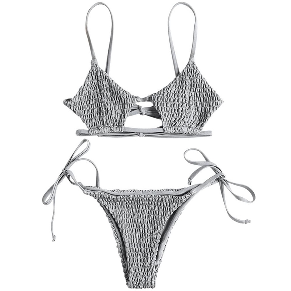 Grey smocked cut-out bikini set